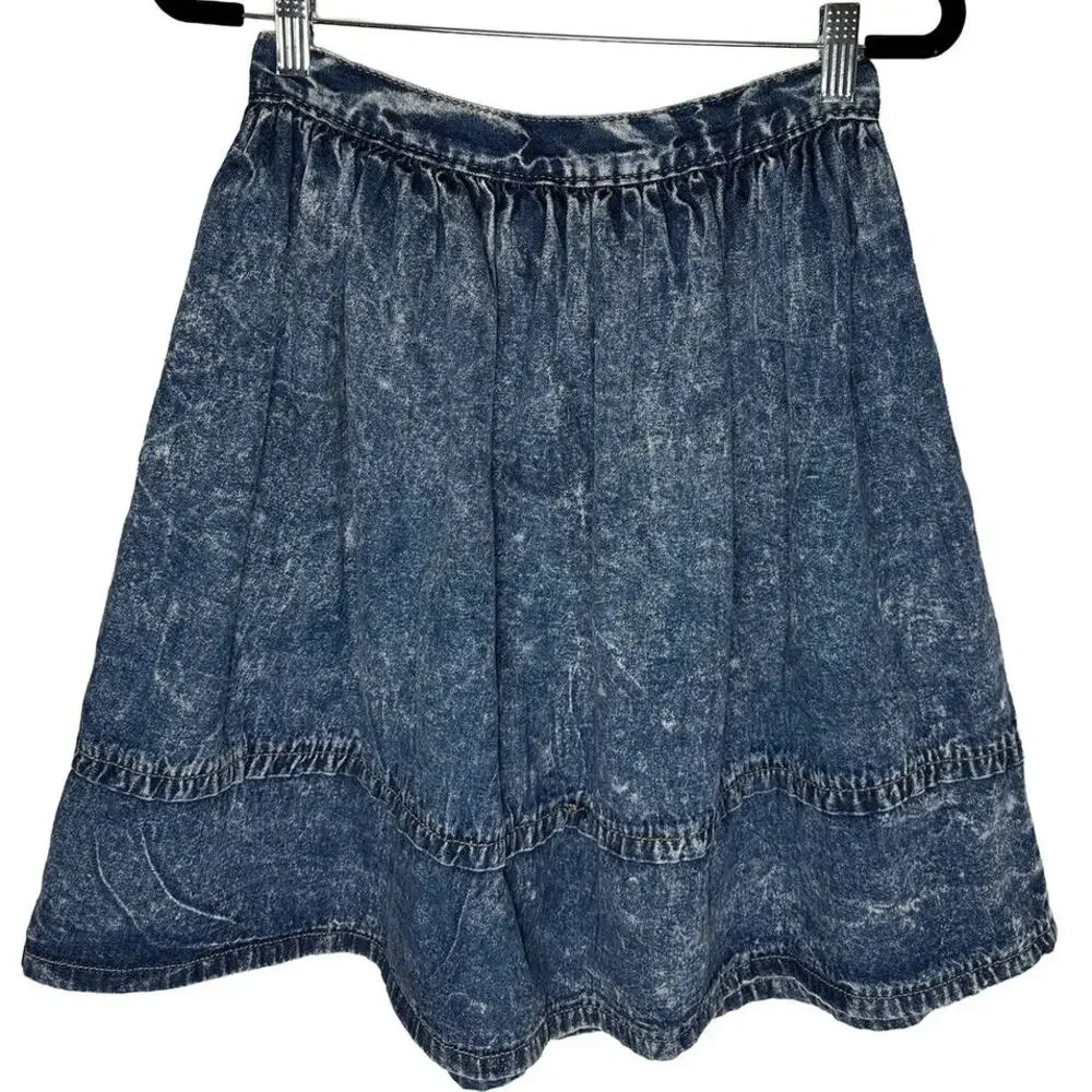Vintage Women's Zena Blue Acid Wash Pleated A Line Mini Skirt 80s 90s Western XS
